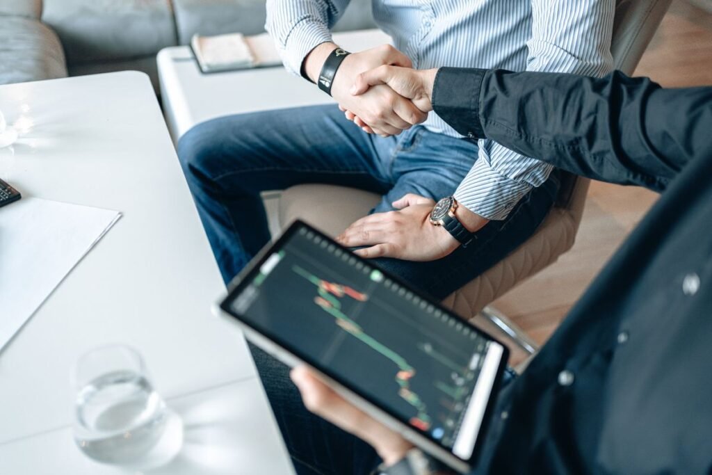 Business partners discussing a company structure at a table