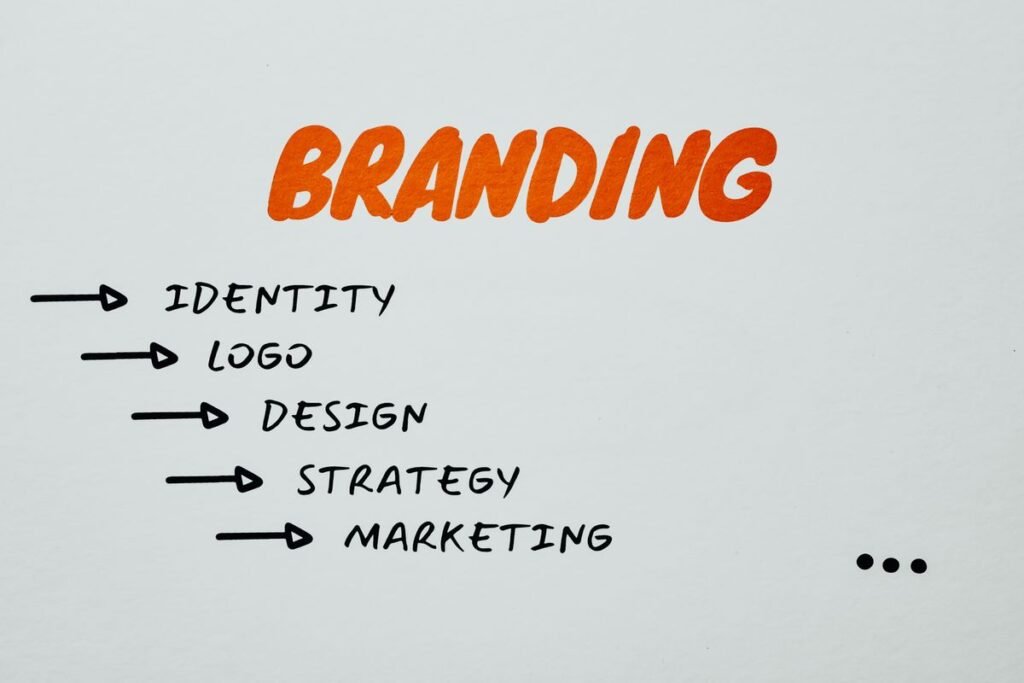 Brand identity and logo design materials on a desk